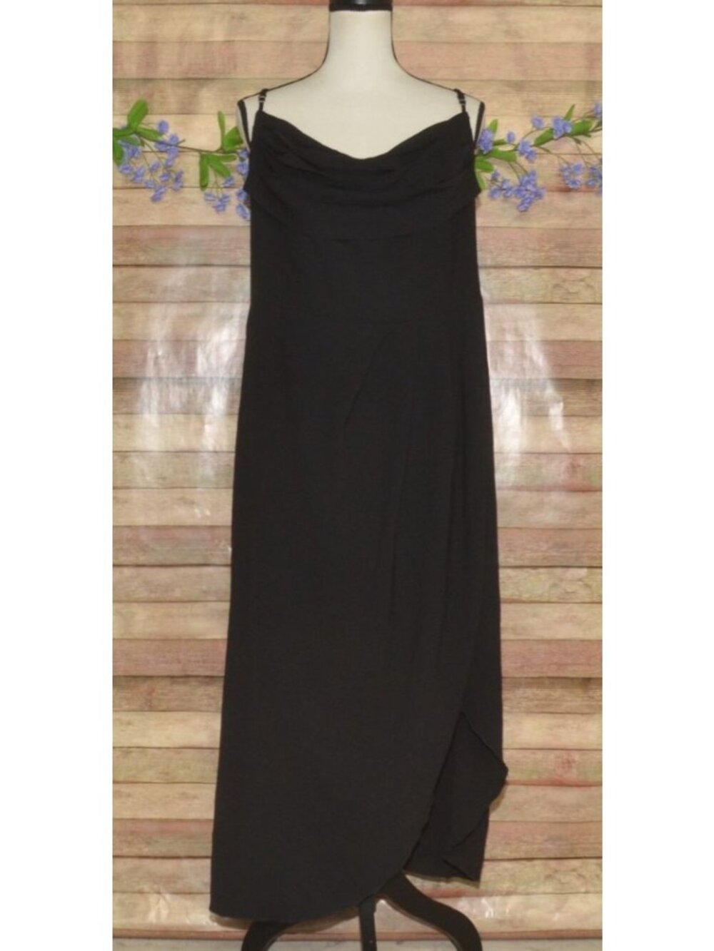 Black Sleeveless Chiffon Dress Scoop Neck Faux Wrap Skirt Smocked Back Size 2XL
